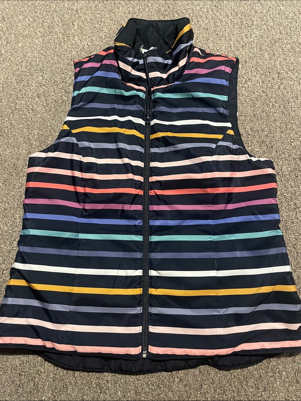 Christopher & Banks Navy Striped Puffer Vest with Multicolor Stripes